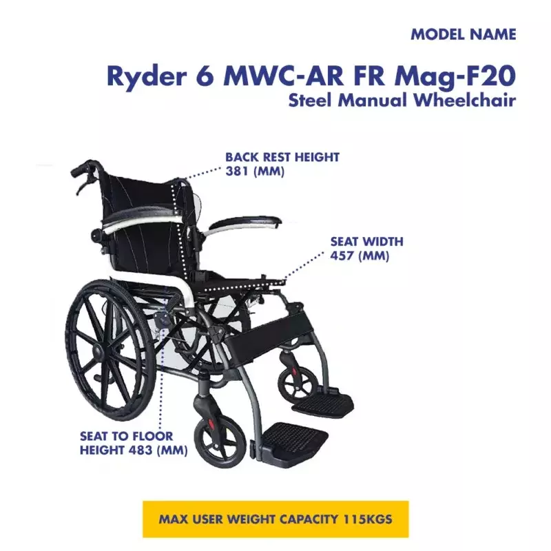 Karma Healthcare Wheelchair 45.7 cm (457 mm) Seat Width 115 Kg Load Capacity Flip Up Armrest, Ryder 6 MWC-AR FR Mag-F20