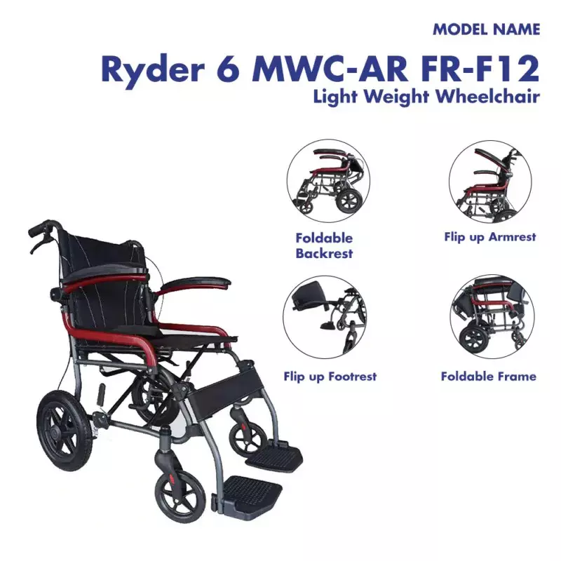 Karma Healthcare Wheelchair 45.7 cm (457 mm) Seat Width 100 Kg Load Capacity Flip Up Armrest, Ryder 6 MWC-AR FR-F12
