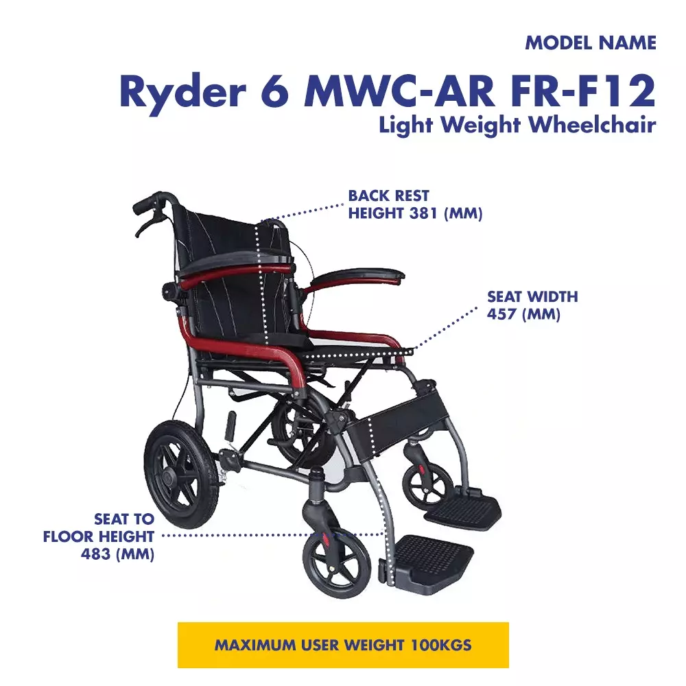 Karma Healthcare Wheelchair 45.7 cm (457 mm) Seat Width 100 Kg Load Capacity Flip Up Armrest, Ryder 6 MWC-AR FR-F12