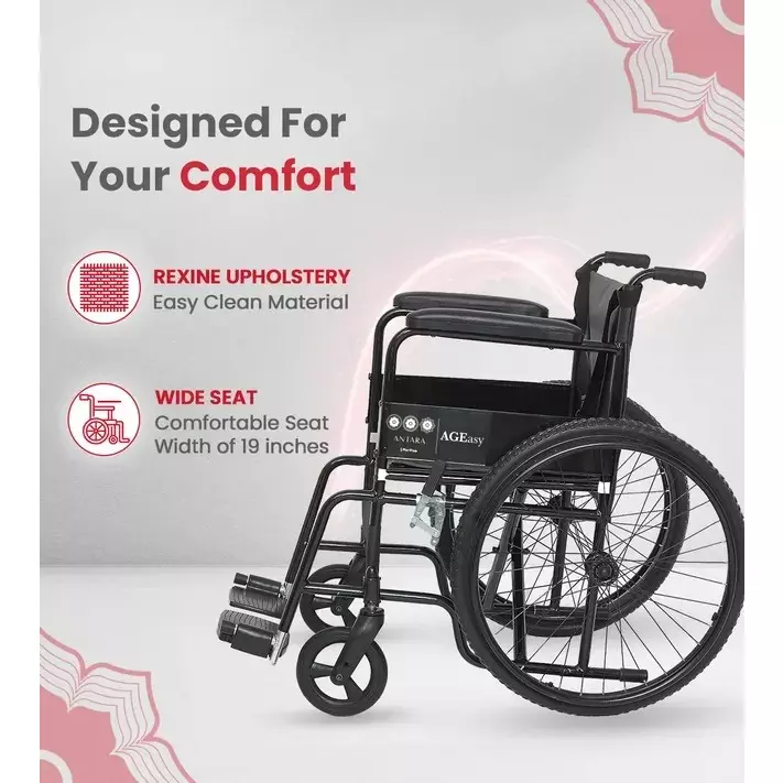 AGEasy Antara by MAX Group Wheelchair Light With Break- Mag Wheel 48 cm (19 inch) Seat Width 125 Kg Weight Capacity Foam Armrests Black, AEWC400101