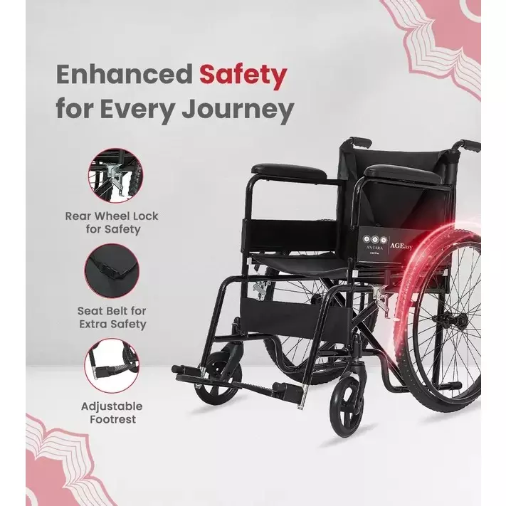 AGEasy Antara by MAX Group Wheelchair Light With Break- Mag Wheel 48 cm (19 inch) Seat Width 125 Kg Weight Capacity Foam Armrests Black, AEWC400101