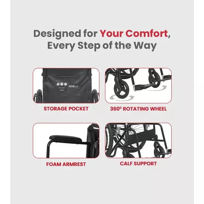 AGEasy Antara by MAX Group Wheelchair Light With Break- Mag Wheel 48 cm (19 inch) Seat Width 125 Kg Weight Capacity Foam Armrests Black, AEWC400101