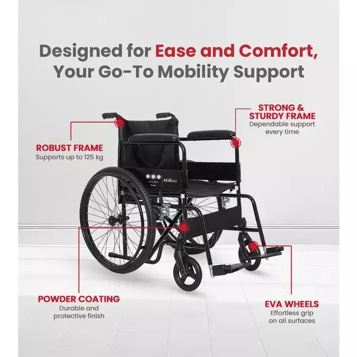 AGEasy Antara by MAX Group Wheelchair Light With Break- Mag Wheel 48 cm (19 inch) Seat Width 125 Kg Weight Capacity Foam Armrests Black, AEWC400101