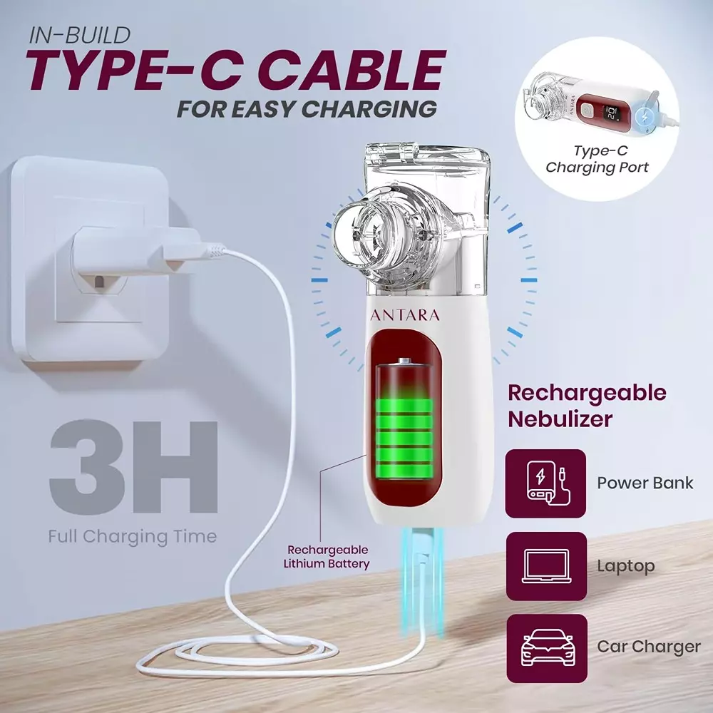 AGEasy Antara by MAX Group Display Mesh Nebulizer 3 Hrs Charging Time Built-In Rechargeable Battery White, AENB200103
