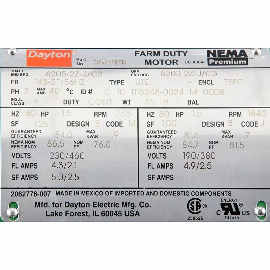 Dayton 1-1/2 HP Three Phase General Purpose Farm Duty Motor, 35Z917