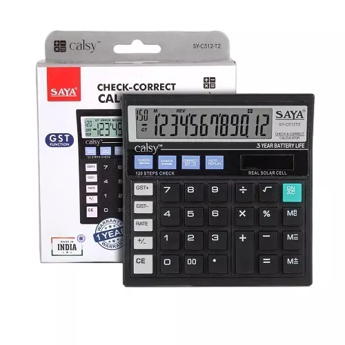 Saya Check and Correct Basic Desktop Calculator Black Plastic 9.5 cm LCD Solar & Battery Power Source for Office & Collage Use, SY-C512T2