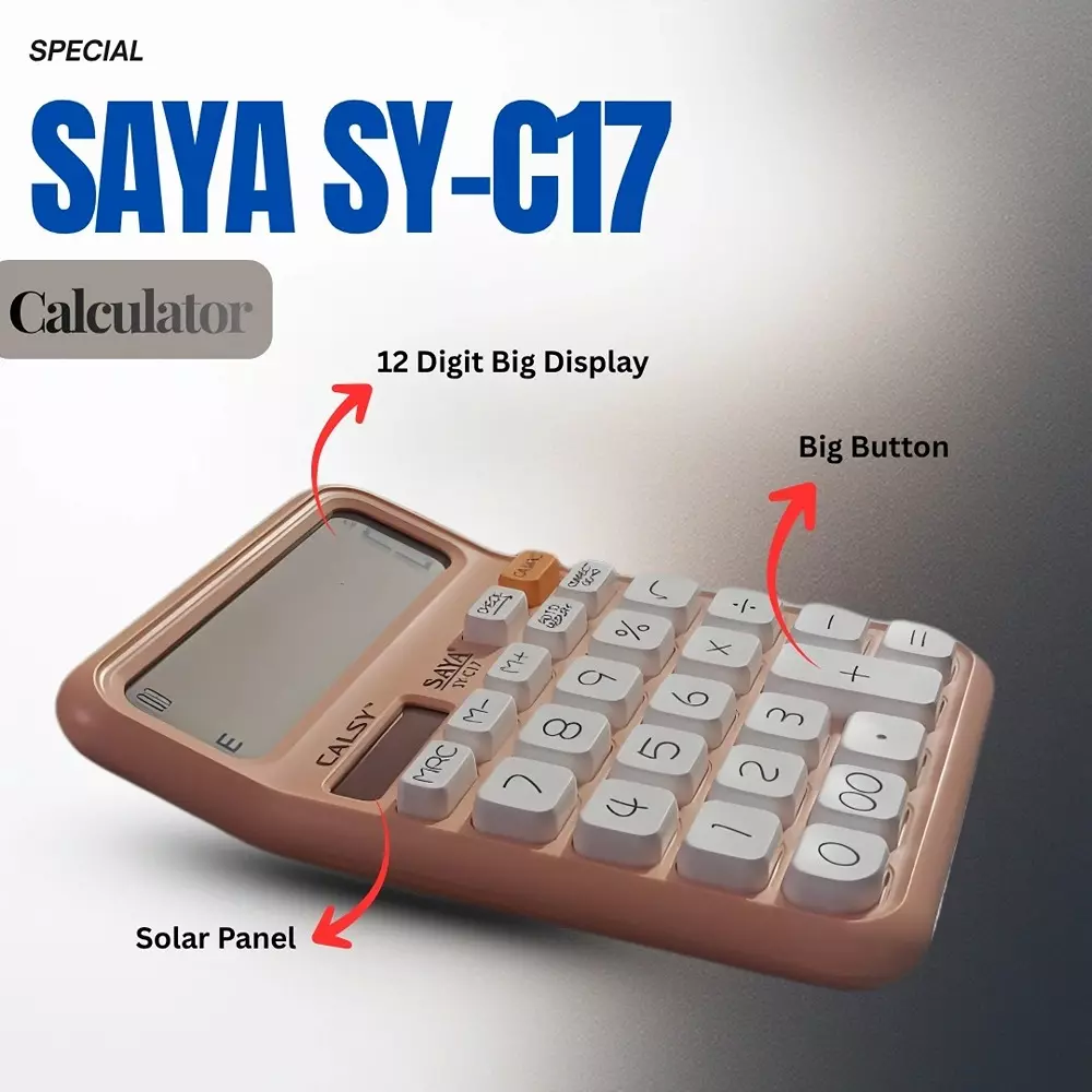 Saya Ultra-Light & Ultra-Fast Desktop Calculator Peach ABS LCD Solar & Battery Power Source for Office & Collage Use, SY-C17