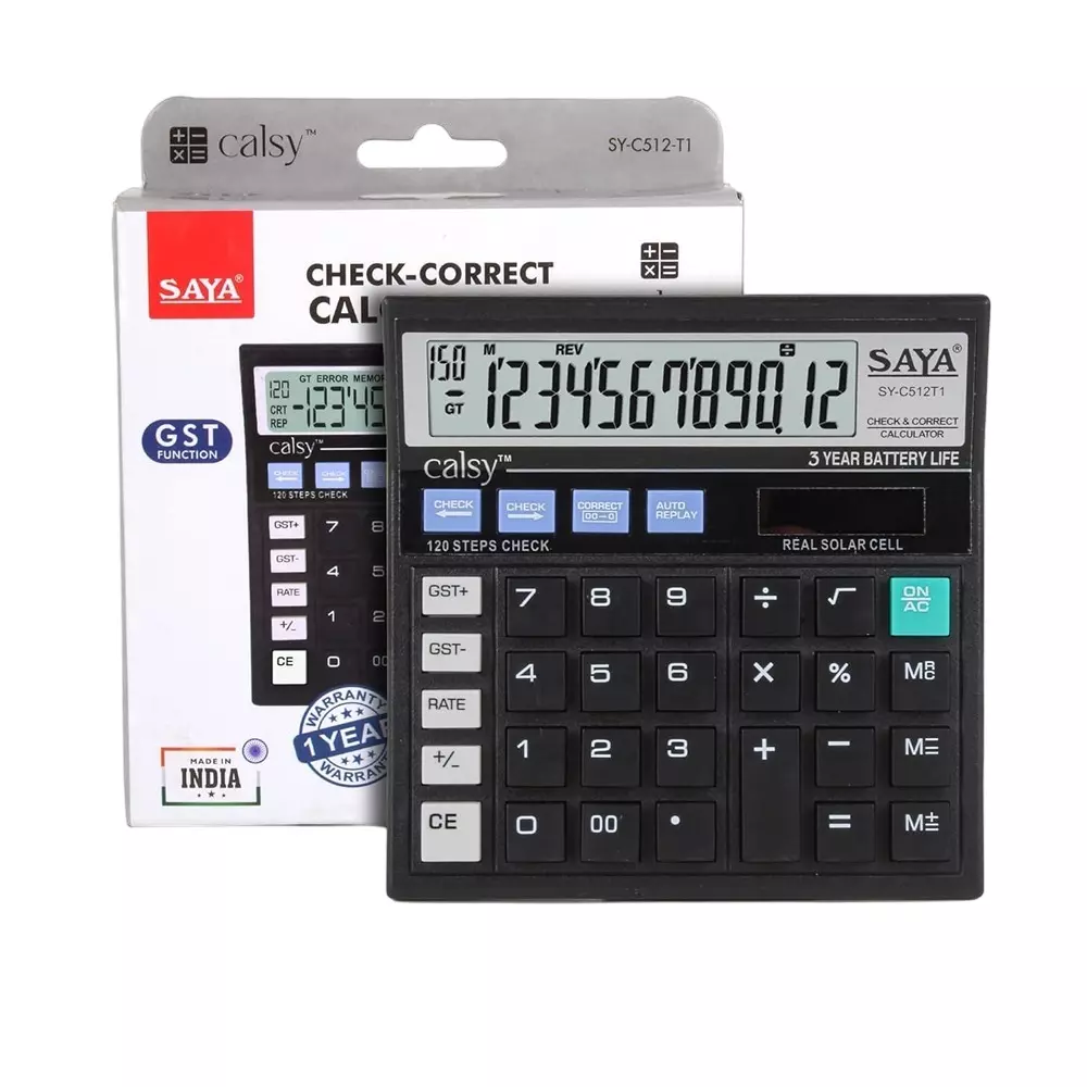 Saya Check and Correct Basic Desktop Calculator Black Plastic 9.5 cm LCD Solar & Battery Power Source for Office & Collage Use, SY-C512T1