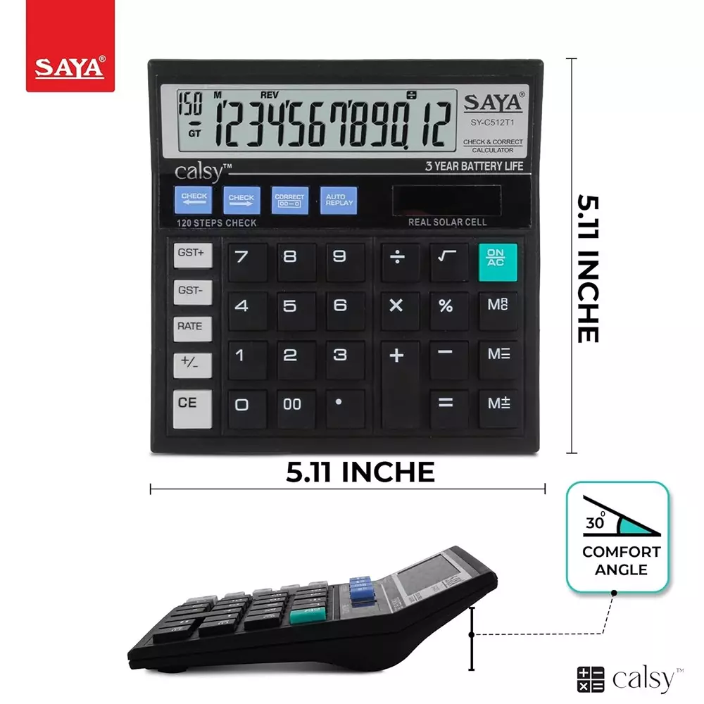 Saya Check and Correct Basic Desktop Calculator Black Plastic 9.5 cm LCD Solar & Battery Power Source for Office & Collage Use, SY-C512T1