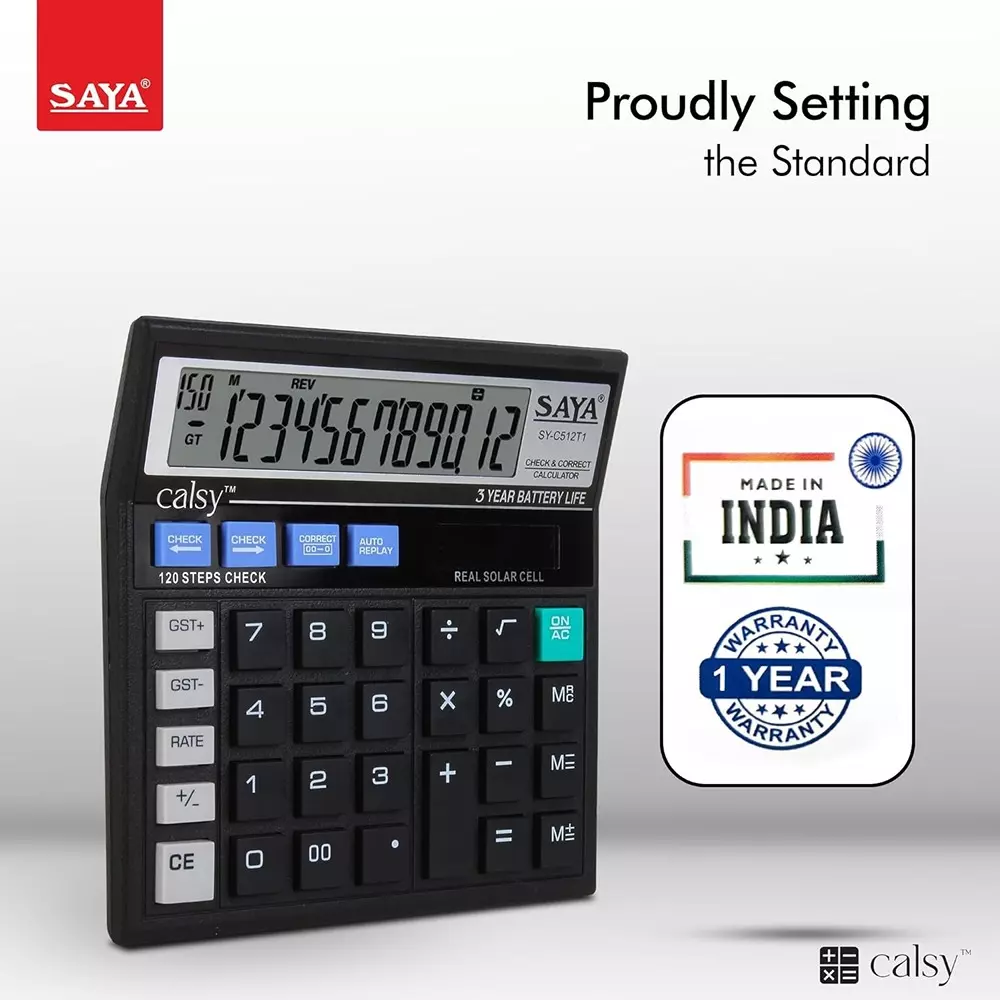 Saya Check and Correct Basic Desktop Calculator Black Plastic 9.5 cm LCD Solar & Battery Power Source for Office & Collage Use, SY-C512T1