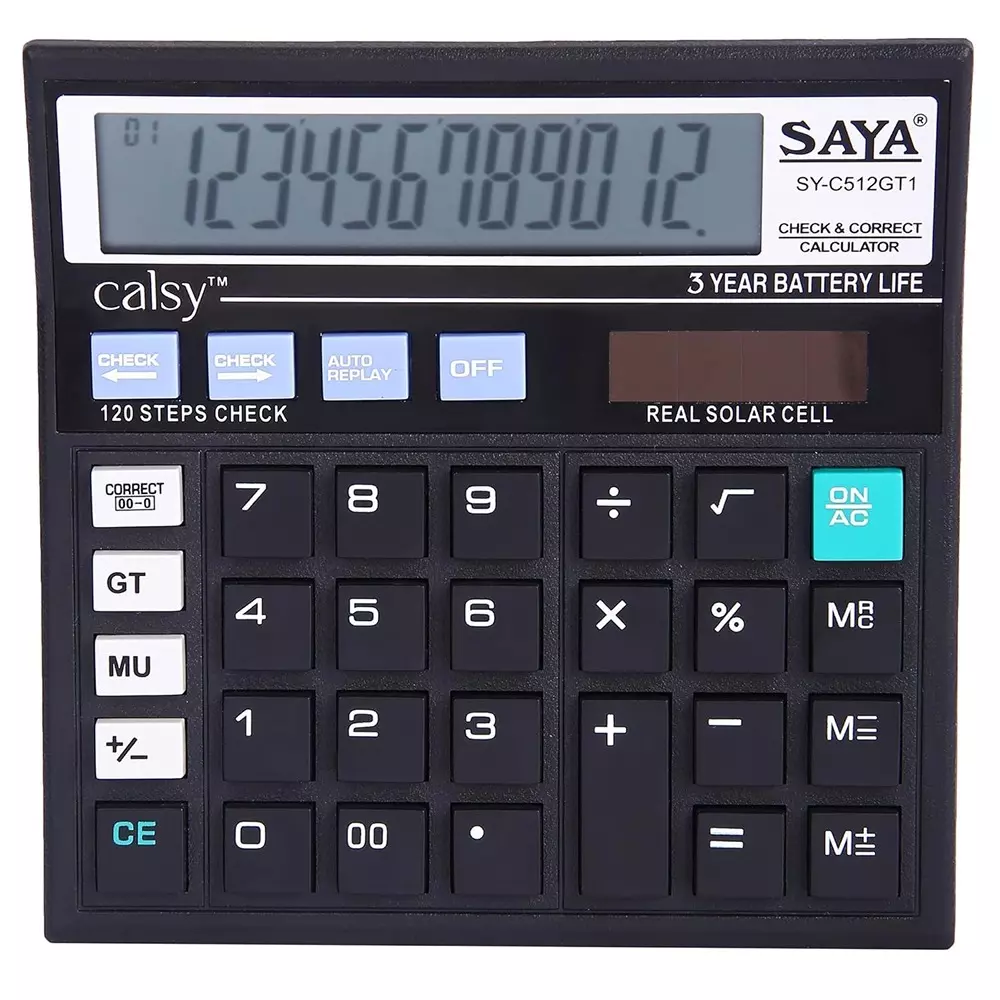 Saya Check and Correct Basic Desktop Calculator Black Plastic 9.5 cm LCD Solar & Battery Power Source for Office & Collage Use, SY-C512GT1