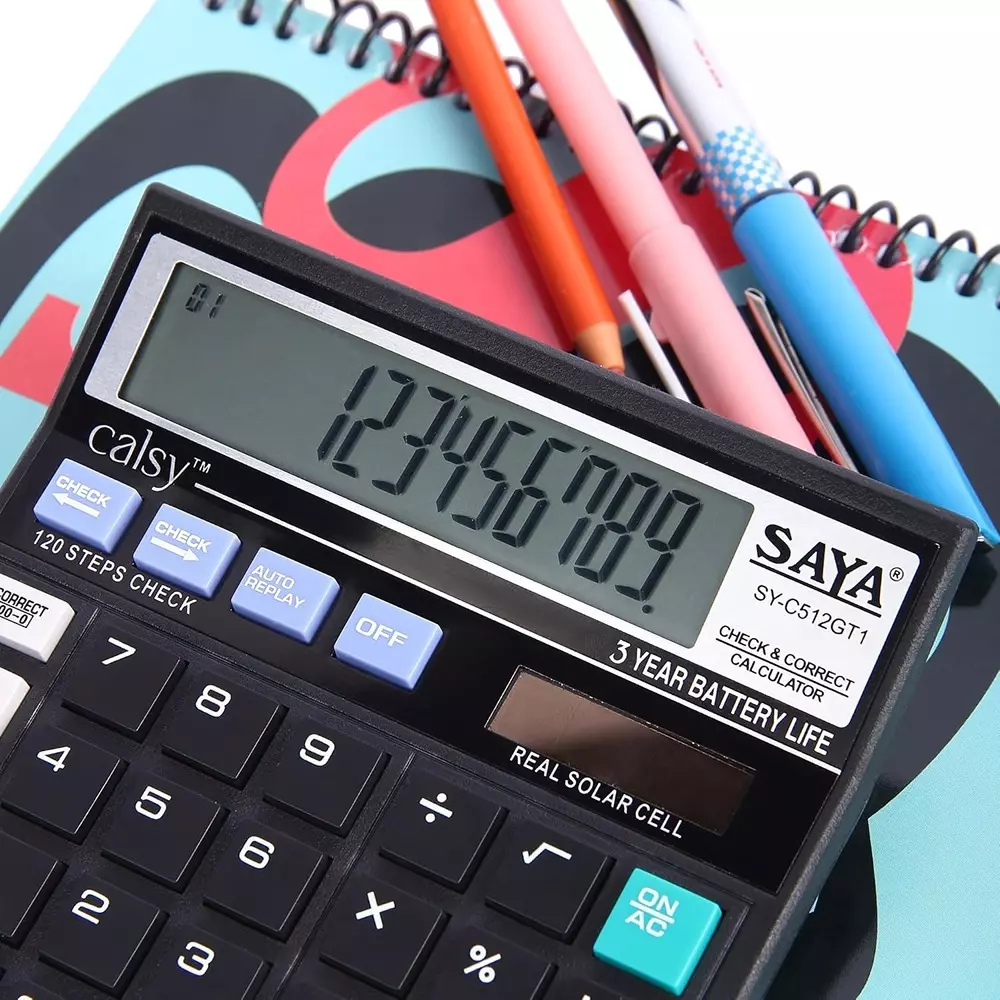 Saya Check and Correct Basic Desktop Calculator Black Plastic 9.5 cm LCD Solar & Battery Power Source for Office & Collage Use, SY-C512GT1