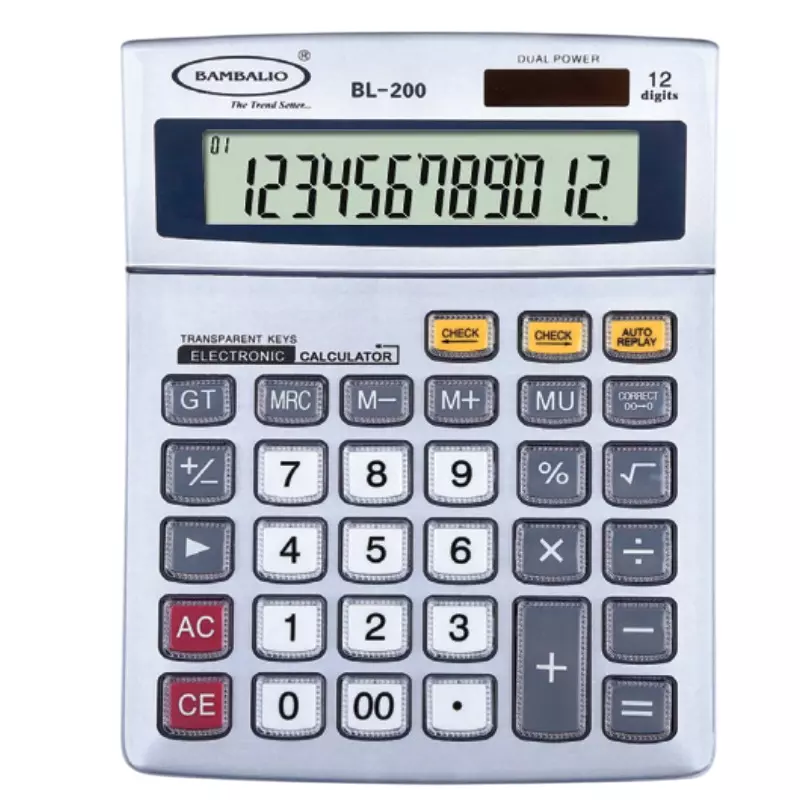 Bambalio Dual Power Desk-Top Check & Correct Calculator with Crystal Coated Keys 12 Digits Big LCD Silver Color Body, BL- 200