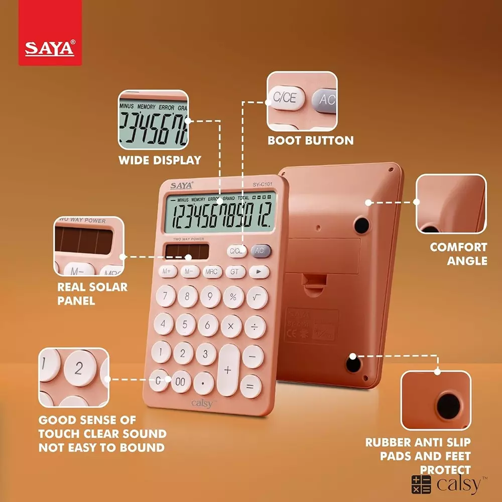 Saya Ultra Light Desktop Calculator Peach Plastic 9 cm LCD Solar Powered for Office & Collage Use, SY-C101