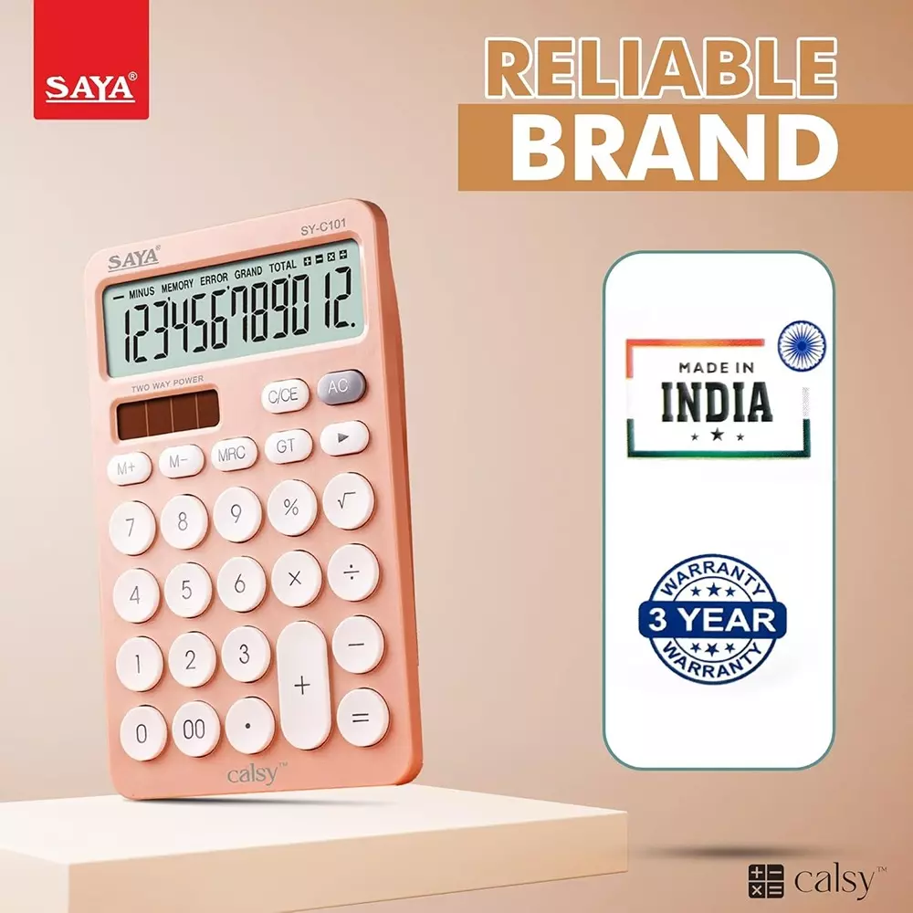 Saya Ultra Light Desktop Calculator Peach Plastic 9 cm LCD Solar Powered for Office & Collage Use, SY-C101