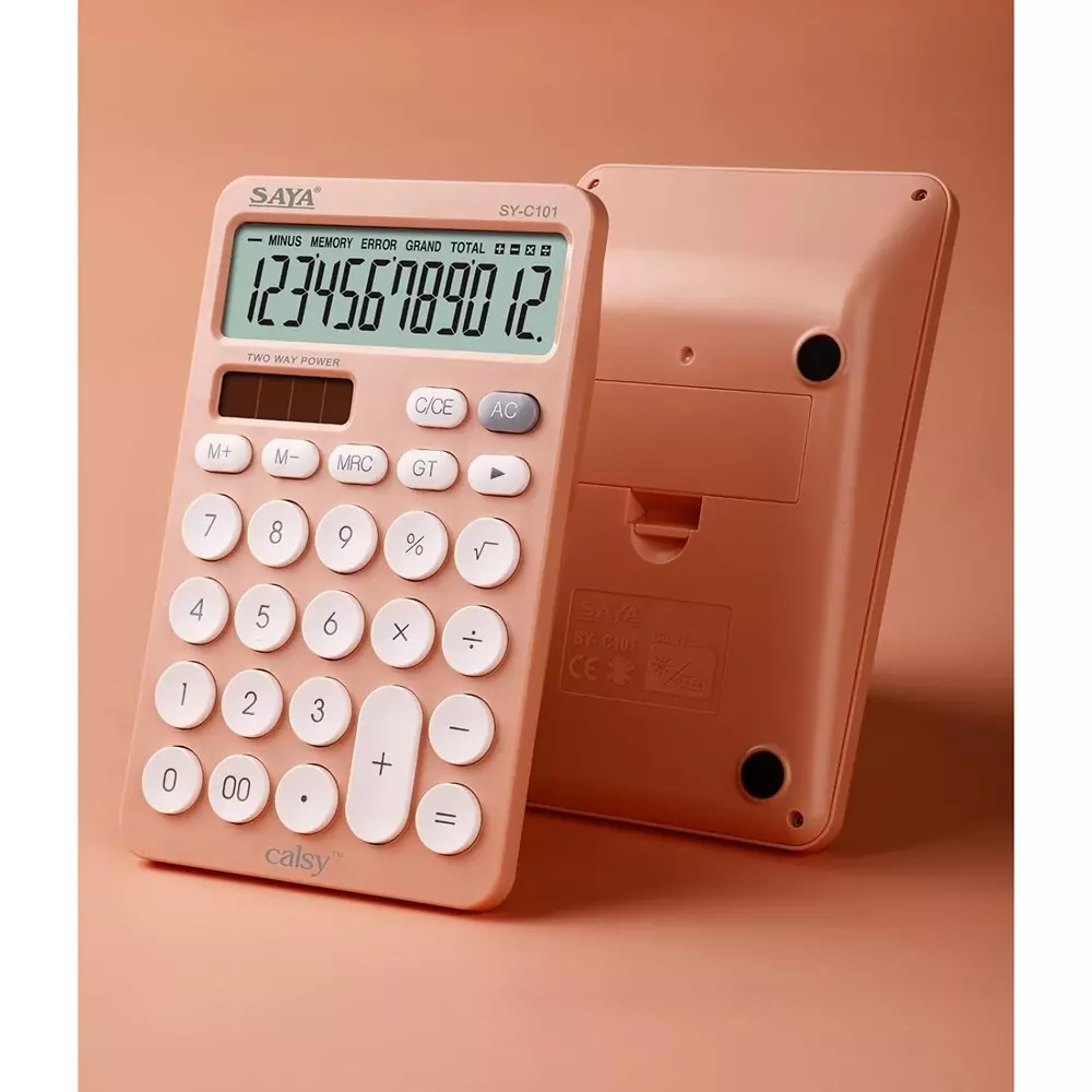 Saya Ultra Light Desktop Calculator Peach Plastic 9 cm LCD Solar Powered for Office & Collage Use, SY-C101
