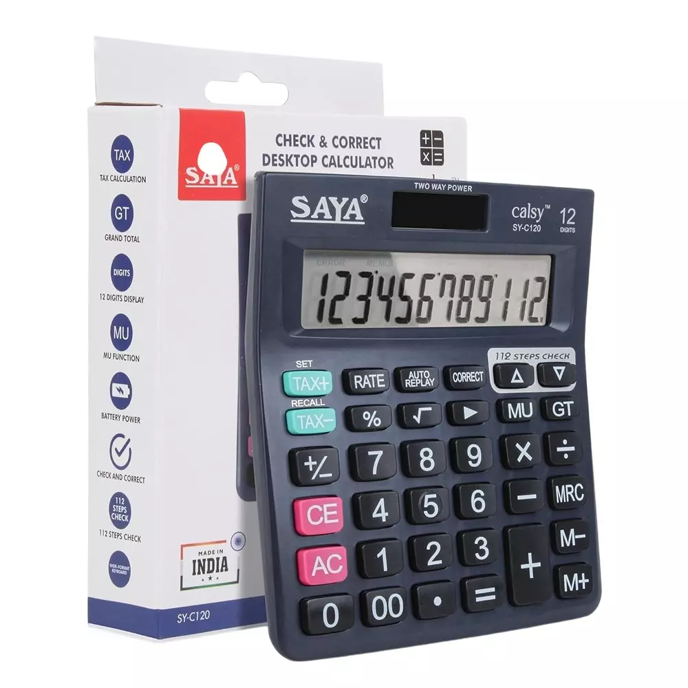 Saya Check and Correct Classic Desktop Calculator Black Plastic 9.5 cm LCD Solar & Battery Power Source for Office & Collage Use, SY-C120