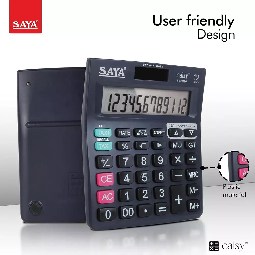 Saya Check and Correct Classic Desktop Calculator Black Plastic 9.5 cm LCD Solar & Battery Power Source for Office & Collage Use, SY-C120