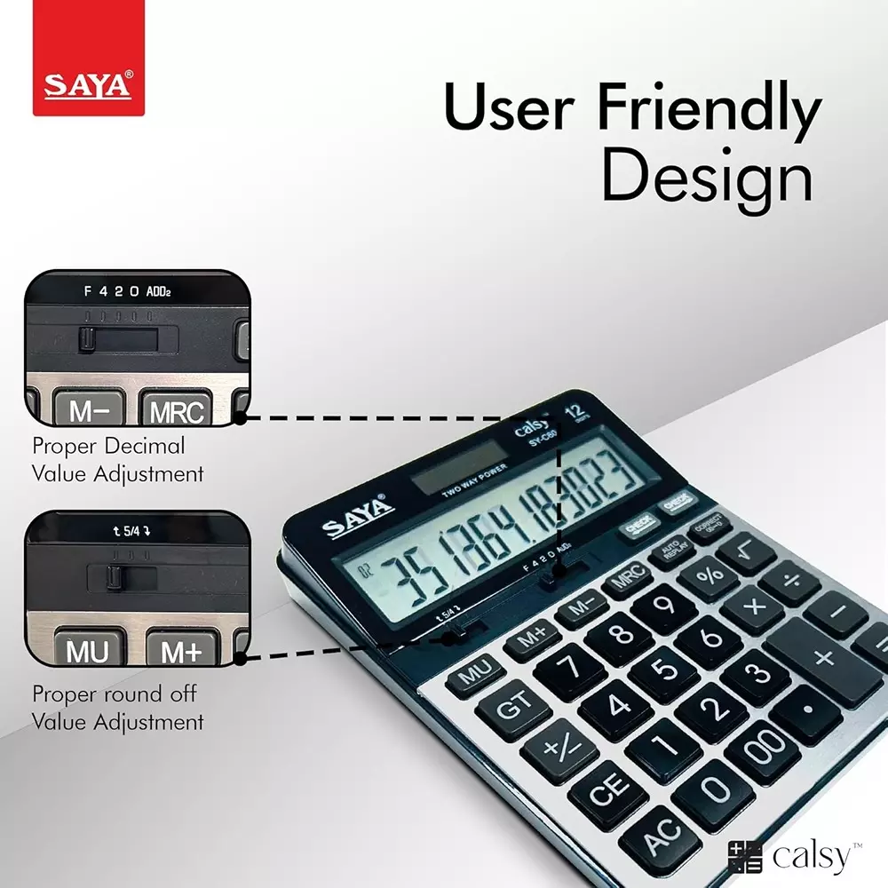 Saya Premium Desktop Calculator Black Plastic 10.5 cm LCD Solar & Battery Power Source for Office & Collage Use, SY-C60