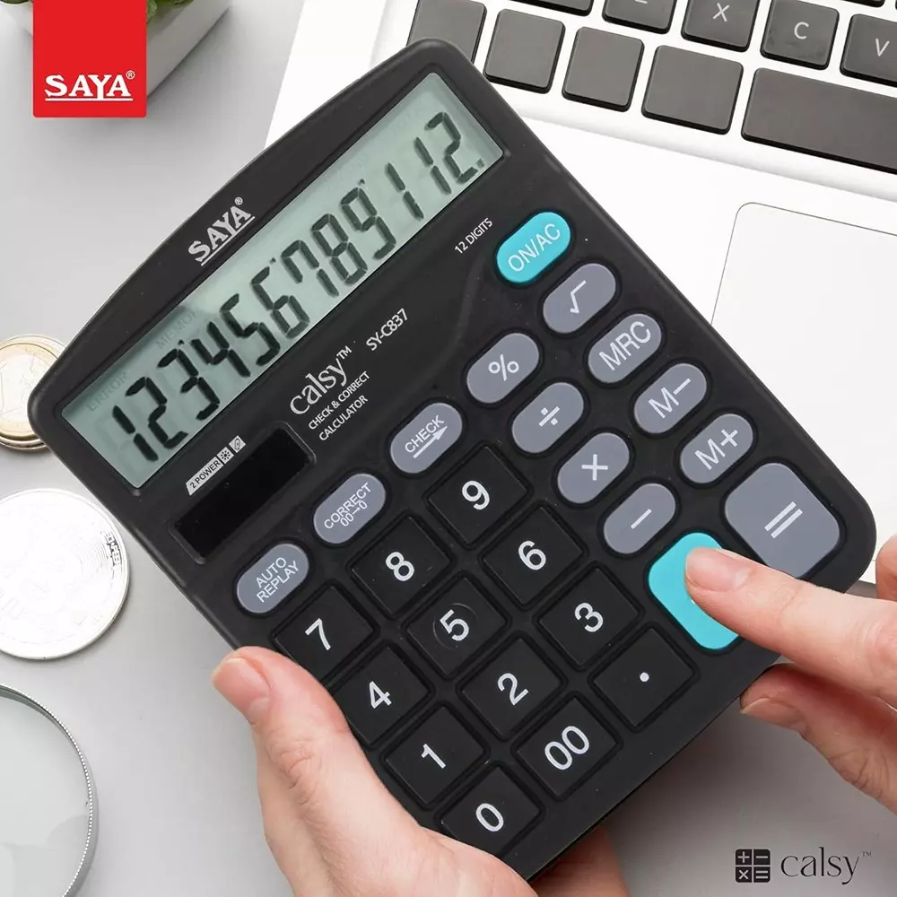 Saya Standard Desktop Calculator Black Plastic 10.5 cm LCD Solar & Battery Power Source for Office & Collage Use, SY-C837