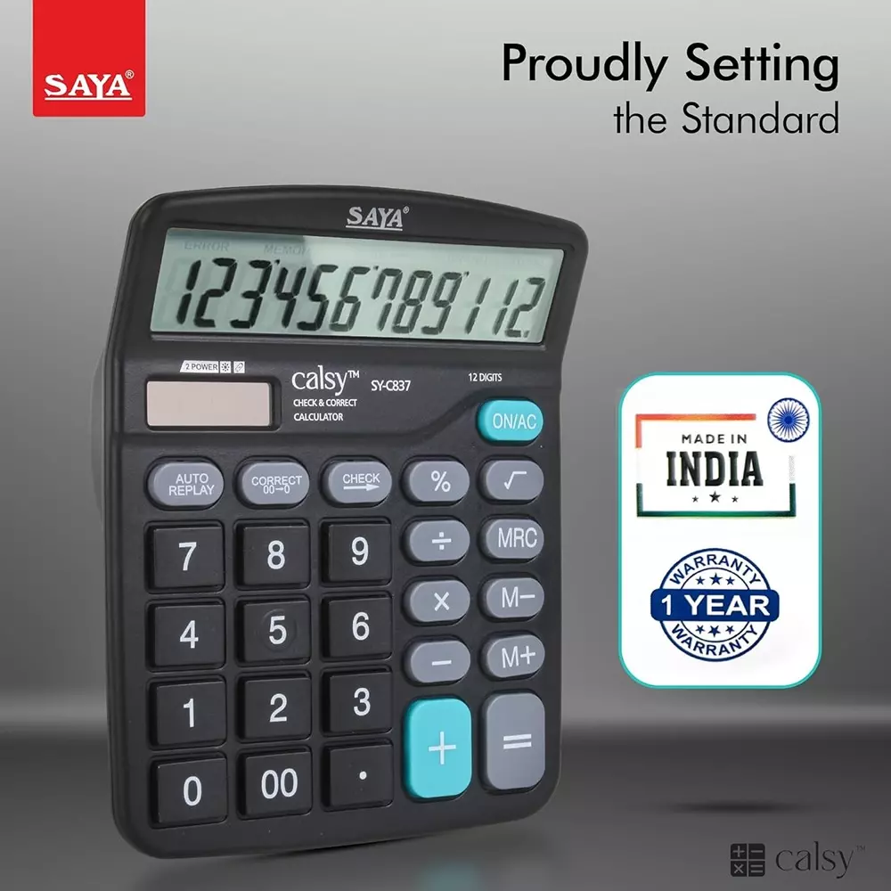 Saya Standard Desktop Calculator Black Plastic 10.5 cm LCD Solar & Battery Power Source for Office & Collage Use, SY-C837