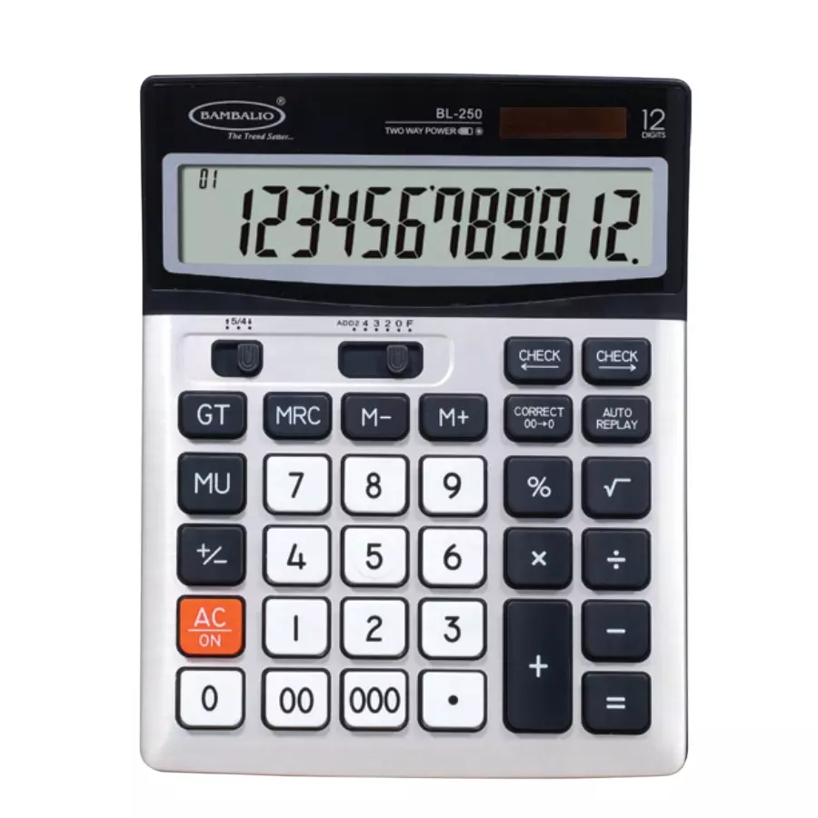 Bambalio Dual Power Desk-Top Check & Correct Calculator with Metal Panel 12 Digits Big LCD Silver Color Body, BL-250
