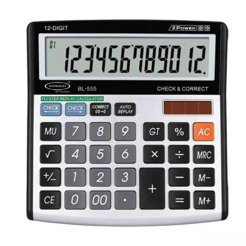 Bambalio Dual Power Desk-Top Check & Correct Calculator 12 Digits Big LCD Silver Color Body, BL- 555