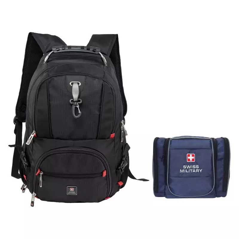 SWISS MILITARY Laptop Backpack & Toiletry Bag Combo 31 L Black & Blue Nylon, LBP77_TB3