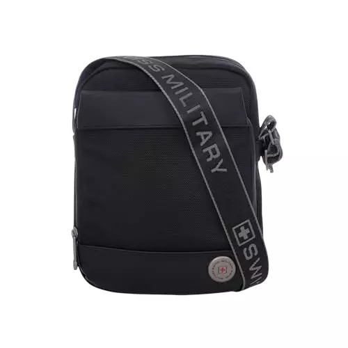 SWISS MILITARY 5 L Popper Cross Body Sling Bag Black Gold Collection 1680D Polyester with PU Trim and Leatherette Front Body , Black