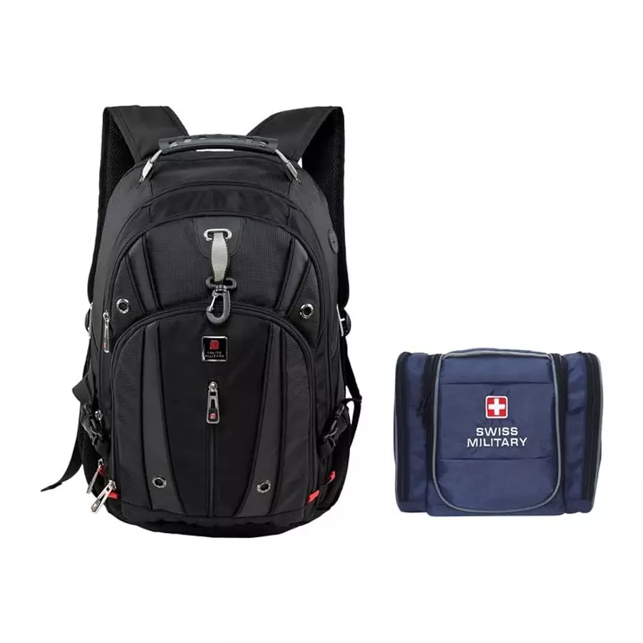 SWISS MILITARY Laptop Backpack & Toiletry Bag Combo 31 L Black & Blue Nylon, LBP76_TB3
