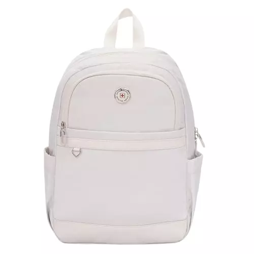 SWISS MILITARY 15 L Oasis Laptop Backpack Black Gold Collection Polyester and PU Trim Body with Organizer Pockets, Elastic Bottle Holder, Card Pocket, White