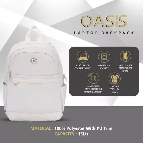 swiss-military-15-l-oasis-laptop-backpack-black-gold-collection-polyester-and-pu-trim-body-with-organizer-pockets-elastic-bottle-holder-card-pocket-white