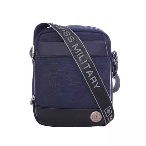SWISS MILITARY 5 L Popper Cross Body Sling Bag Black Gold Collection 1680D Polyester with PU Trim and Leatherette Front Body , Navy