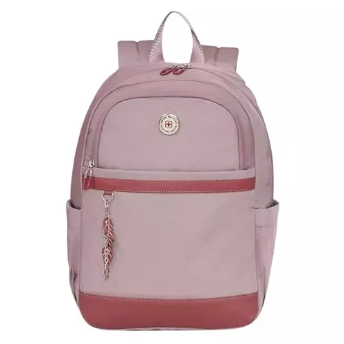 SWISS MILITARY 15 L Oasis Laptop Backpack Black Gold Collection Polyester and PU Trim Body with Organizer Pockets, Elastic Bottle Holder, Card Pocket, Purple