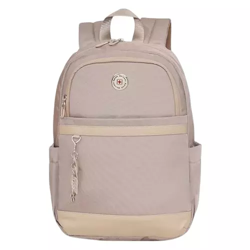 SWISS MILITARY 15 L Oasis Laptop Backpack Black Gold Collection Polyester and PU Trim Body with Organizer Pockets, Elastic Bottle Holder, Card Pocket, Beige