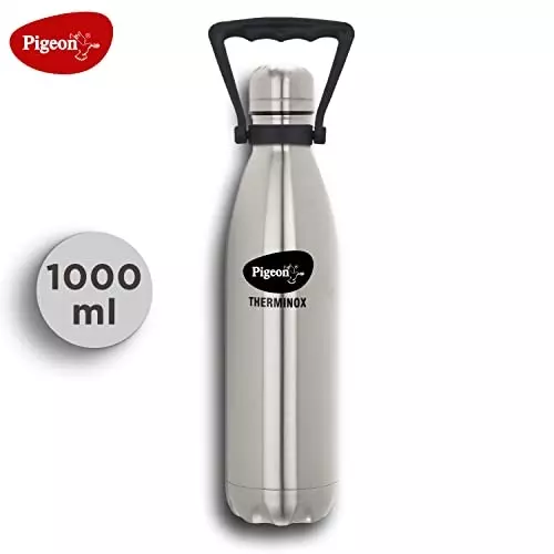 Pigeon Aqua SS Vacuum Flask with Double Wall Insulation 24 hrs Hot & Cold Flask - 1000Ml - Silver-12983