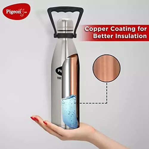Pigeon Aqua SS Vacuum Flask with Double Wall Insulation 24 hrs Hot & Cold Flask - 1000Ml - Silver-12983
