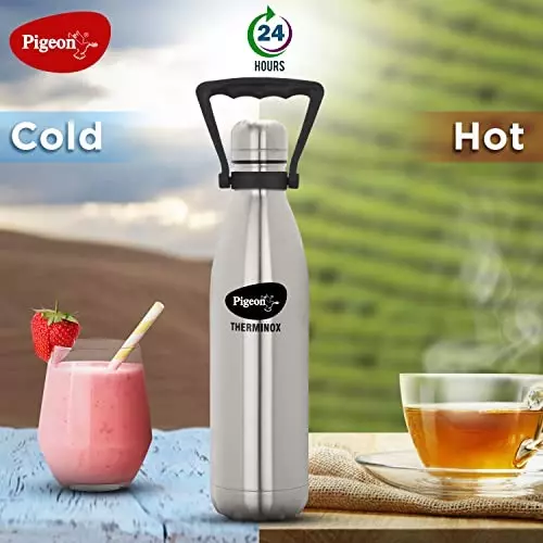 Pigeon Aqua SS Vacuum Flask with Double Wall Insulation 24 hrs Hot & Cold Flask - 1000Ml - Silver-12983