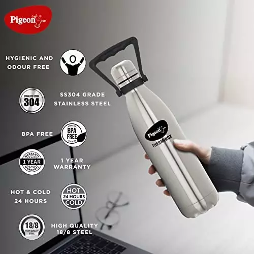 Pigeon Aqua SS Vacuum Flask with Double Wall Insulation 24 hrs Hot & Cold Flask - 1000Ml - Silver-12983