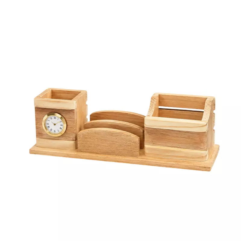 RDP Wooden Desk Organizer With In Built Analog Clock, S116