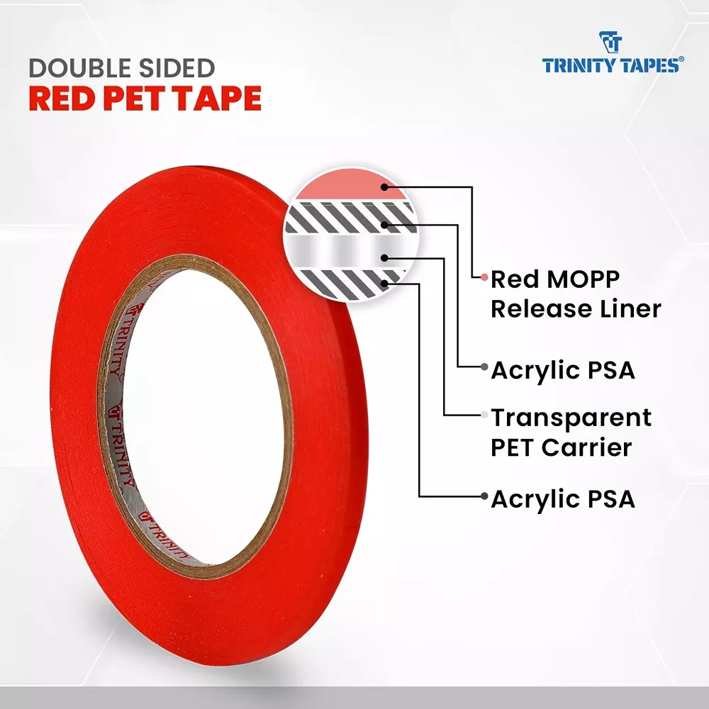 TRINITY Dual Sided Tape 200 Micron 12 mm x 50 m Red (Pack of 64)