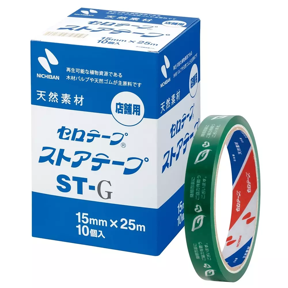 NICHIBAN Store Tape Cellophane Green 15 mm x 25 m, ST-G (Pack of 10 Rolls)