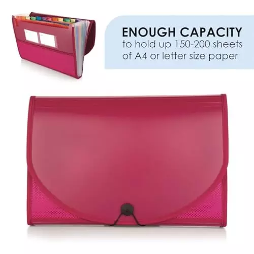 POLEN Premium Fullscape Expanding File Folder 13 Pocket Polypropylene Maroon with Colored Inner & Net Pocket