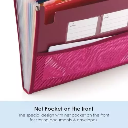 POLEN Premium Fullscape Expanding File Folder 13 Pocket Polypropylene Maroon with Colored Inner & Net Pocket