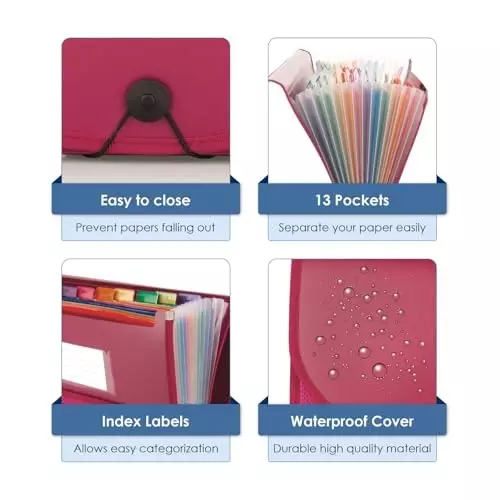 POLEN Premium Fullscape Expanding File Folder 13 Pocket Polypropylene Maroon with Colored Inner & Net Pocket