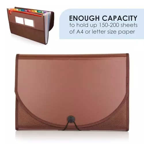 POLEN Premium Fullscape Expanding File Folder 13 Pocket Polypropylene Brown with Colored Inner & Net Pocket