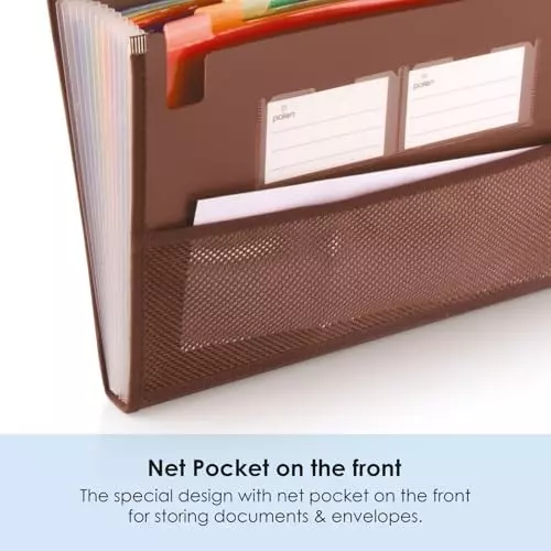 POLEN Premium Fullscape Expanding File Folder 13 Pocket Polypropylene Brown with Colored Inner & Net Pocket