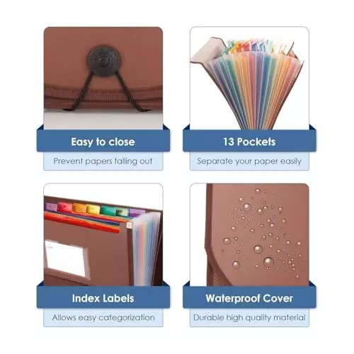 POLEN Premium Fullscape Expanding File Folder 13 Pocket Polypropylene Brown with Colored Inner & Net Pocket