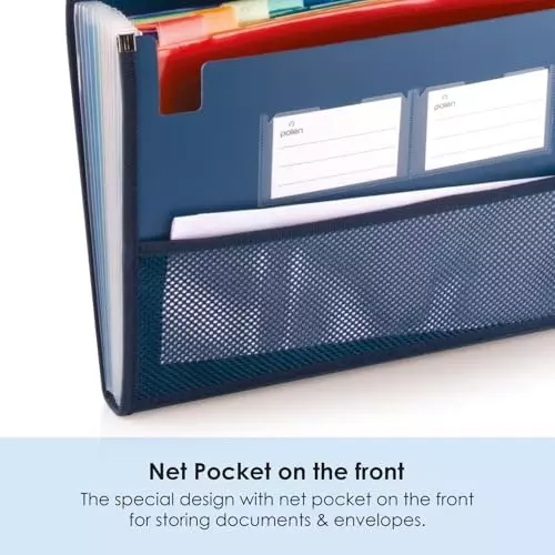POLEN Premium Fullscape Expanding File Folder 13 Pocket Polypropylene Blue with Colored Inner & Net Pocket