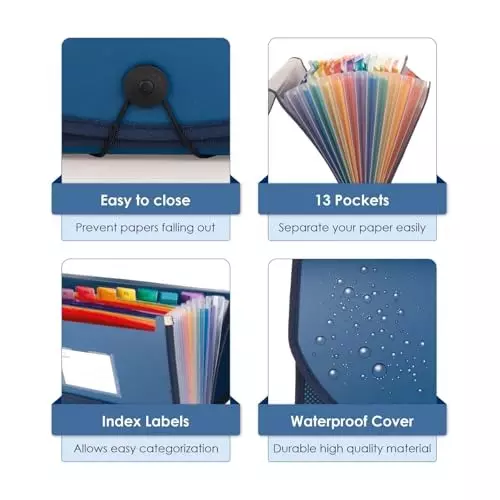 POLEN Premium Fullscape Expanding File Folder 13 Pocket Polypropylene Blue with Colored Inner & Net Pocket